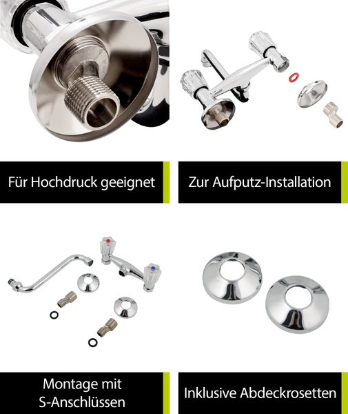 aquaSu® Wand-Zweigriffmischer Standard Plus | Küchenarmatur mit schwenkbarem S-Auslauf | Mischbatterie für Spüle | Spültischarmatur | Wand-Befestigung | Chrom | 778626
