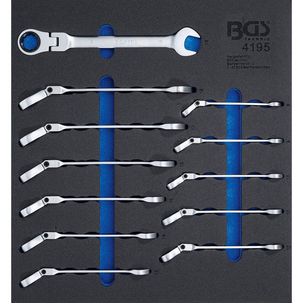 BGS Werkstattwageneinlage 2/3: Ratschenring-Maulschlüssel-Satz abwinkelbar SW 8 - 19 mm 12tlg. - 4195