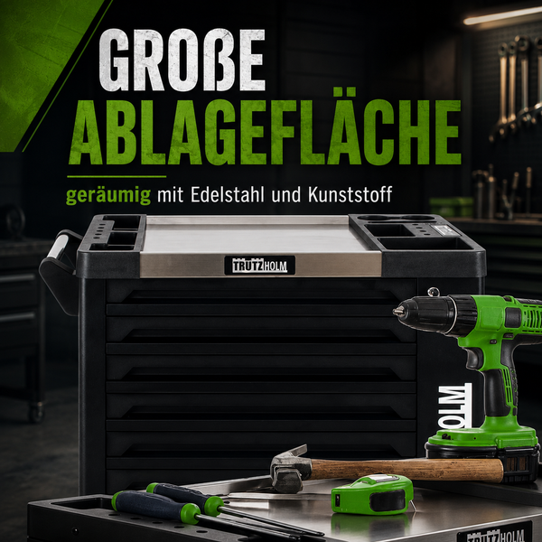 Trutzholm Werkstattwagen mit geräumiger Ablagefläche aus Edelstahl und Kunststoff sowie Werkzeugen wie Bohrschrauber und Hammer.