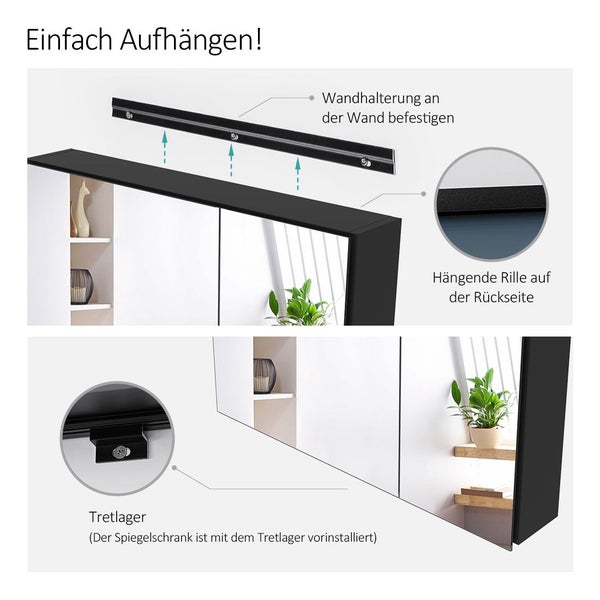 Illustration der Wandmontage eines Spiegelschranks mit Wandhalterung, rückseitiger Aufhängenut und vorinstalliertem unterem Abstandshalter.