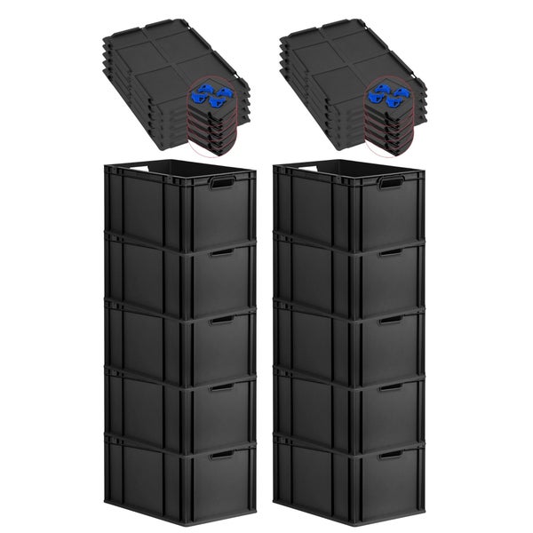 PROREGAL SparSet 10x Eurobox NextGen Grip mit Auflagedeckel inkl. 4 blauen Schiebeschnappverschlüssen, HxBxT 32x40x60cm, 65 Liter, Schwarz, Griffe offen, Verstärkter Boden, Eurobehälter, Transportbox, Transportbehälter, Stapelbehälter