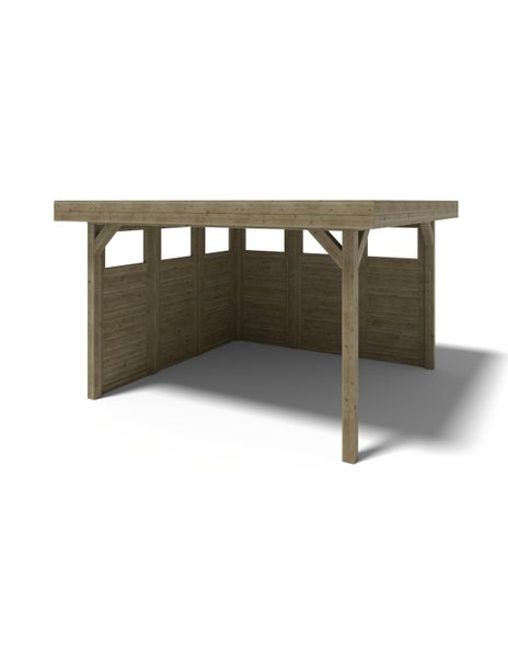Freistehender Gartenpavillon aus Holz mit Flachdach und drei teilweise geschlossenen Seitenwänden.