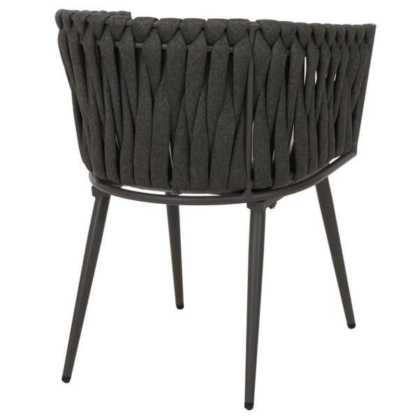 Gartenstuhl mit Seilbespannung und Metallbeinen von hinten