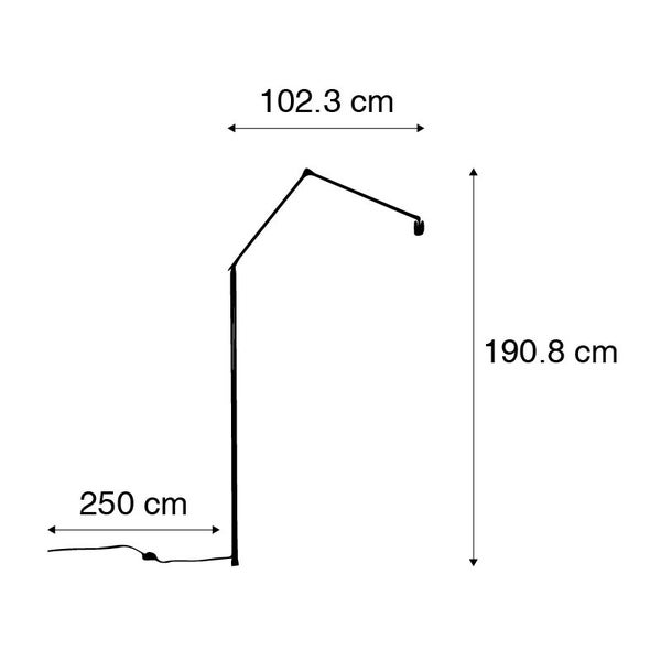 Maßzeichnung einer minimalistischen Stehleuchte mit einer Höhe von 190,8 Zentimeter, einer Ausladung von 102,3 Zentimeter und einem 250 Zentimeter langen Kabel.