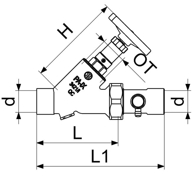 Technische Zeichnung eines Schrägsitzventils mit Maßangaben für Länge, Höhe, Durchmesser und Oberteil.
