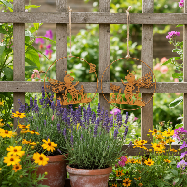Zwei runde Gartenhänger aus Metall mit Edelrost-Optik, Motive Biene und Schmetterling, hängend an einem Holzgitter vor Pflanzen.