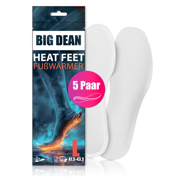 Big Dean Heat Feet Fußwärmer, 5 Paar, Größe Extra Large 44 bis 46, Einlegesohlen für 8 Stunden Wärme.