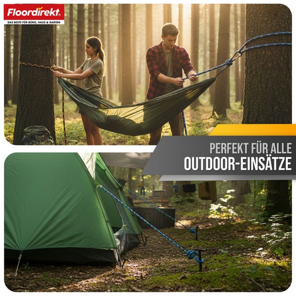 Foto von Personen, die eine Hängematte in einem Wald aufstellen, und einem Zelt im Wald für Outdoor-Aktivitäten.