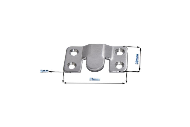 Spiegelhalterung aus Metall mit 53 Millimeter Breite und 30 Millimeter Höhe sowie 2 Millimeter Materialstärke.