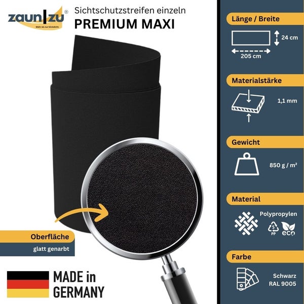 Zaun zu Premium Maxi Sichtschutzstreifen, Länge 205 cm, Breite 24 cm, Materialstärke 1,1 mm, Gewicht 850 g pro Quadratmeter, Polypropylen, Farbe Schwarz RAL 9005, Made in Germany