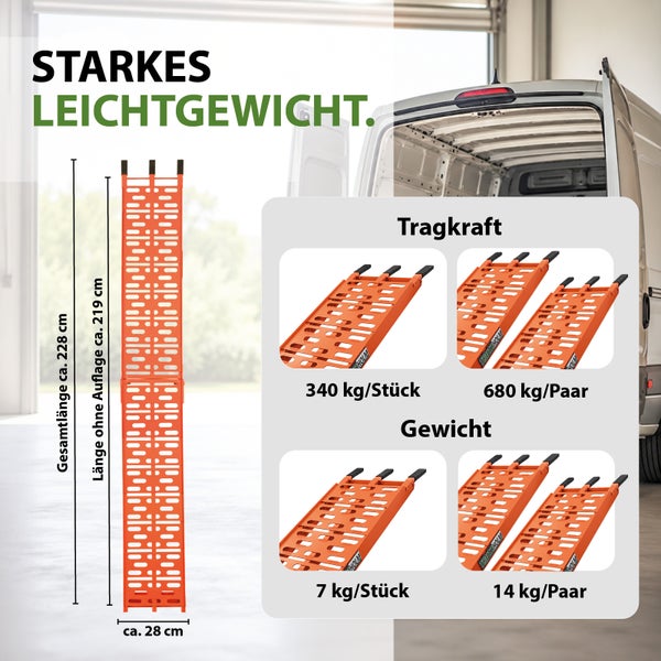 Auffahrrampe mit Maßangaben: Gesamtlänge circa 228 cm, Länge ohne Auflage circa 219 cm, Breite circa 28 cm. Tragkraft 340 kg, Gewicht 7 kg pro Stück.