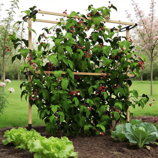 Himbeerpflanze mit roten Beeren an einer Holz-Rankhilfe im Gartenbeet neben Salat und Kohl.