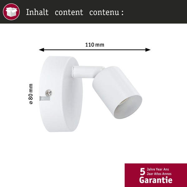 Wandstrahler in Weiß, Abmessungen: Durchmesser 80 Millimeter, Tiefe 110 Millimeter, inklusive 5 Jahre Garantie.