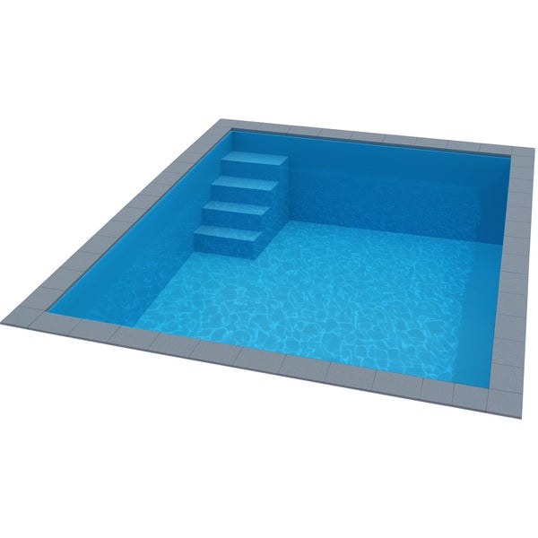 Quadratischer Swimmingpool mit integrierter Ecktreppe und grauer Umrandung.