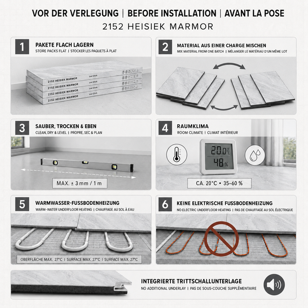 Infografik mit 6 Schritten zur Vorbereitung und Verlegung von 2152 Heisiek Marmor Klickvinyl Bodenbelag mit Hinweisen zur Untergrundbeschaffenheit.