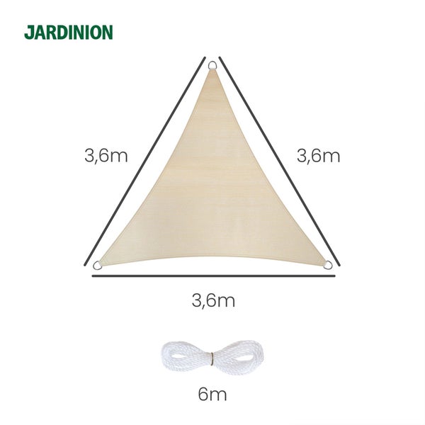 Jardinion Logo, dreieckiges Sonnensegel mit einer Seitenlänge von 3,6 Meter inklusive 6 Meter Befestigungsseil.