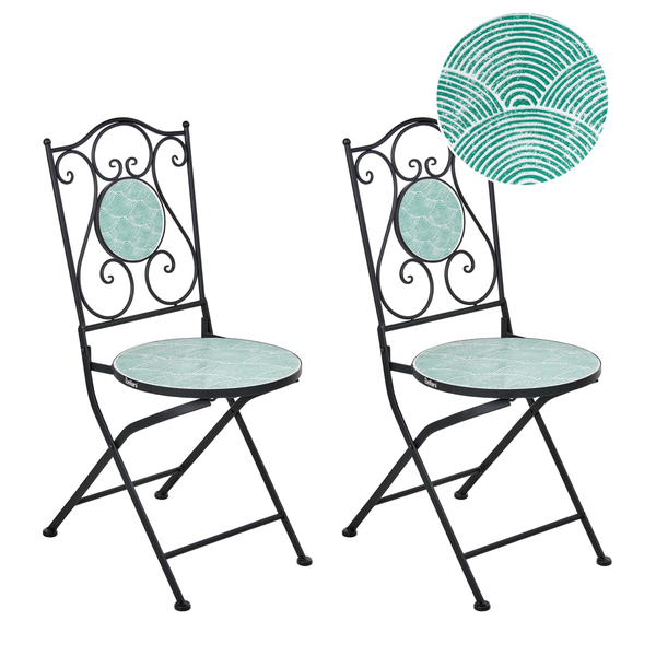 Zwei Gartenstühle aus Metall mit Sitzfläche und Rückenlehne mit Muster