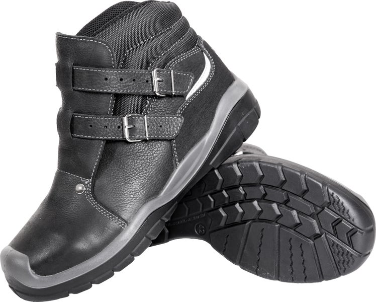 Schwarze knöchelhohe Sicherheitsstiefel aus Leder mit doppeltem Schnallenverschluss und profilierter Sohle.