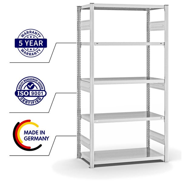 PROREGAL Fachbodenregal Stecksystem T-Profil Heavy-Duty Grundregal HxBxT 200 x 100 x 50 cm 5 Ebenen Fachlast 330 kg Beidseitig Nutzbar Lichtgrau