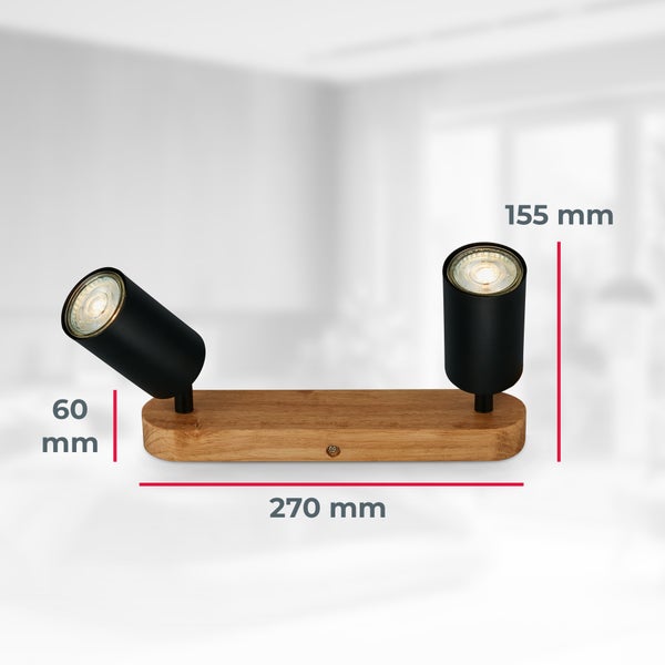 Deckenstrahler 2-flammig mit Holzsockel und schwarzen Spots. Maße: Länge 270 Millimeter, Höhe 155 Millimeter, Breite 60 Millimeter.