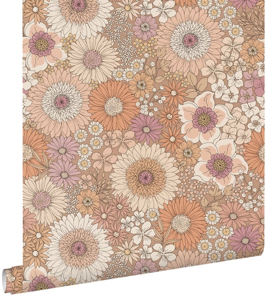 ESTAhome Tapete Retro Blumen Terrakotta, Lila und Weiß - 50 x 900 cm - 131314