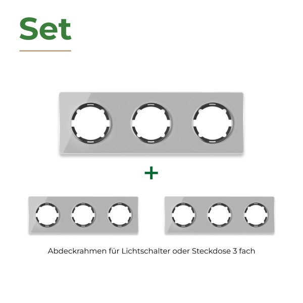 Set aus drei dreifachen Abdeckrahmen für Lichtschalter und Steckdosen zur Wandmontage.