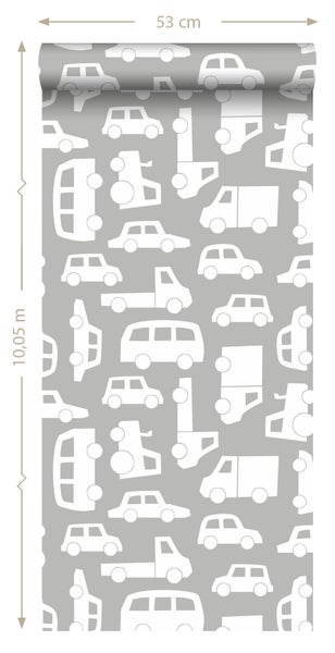 Tapetenrolle mit Fahrzeugmuster und den Maßen 53 Zentimeter mal 10,05 Meter
