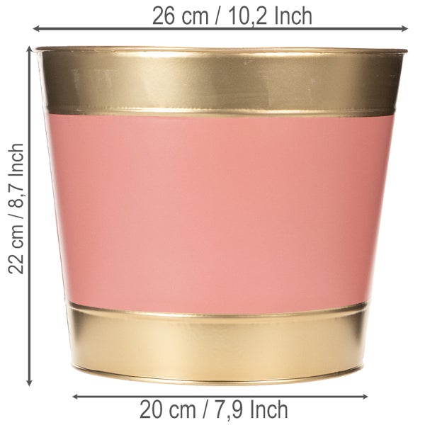 Rosa-goldener Blumentopf mit Maßen: oberer Durchmesser 26 Zentimeter, Höhe 22 Zentimeter und unterer Durchmesser 20 Zentimeter.