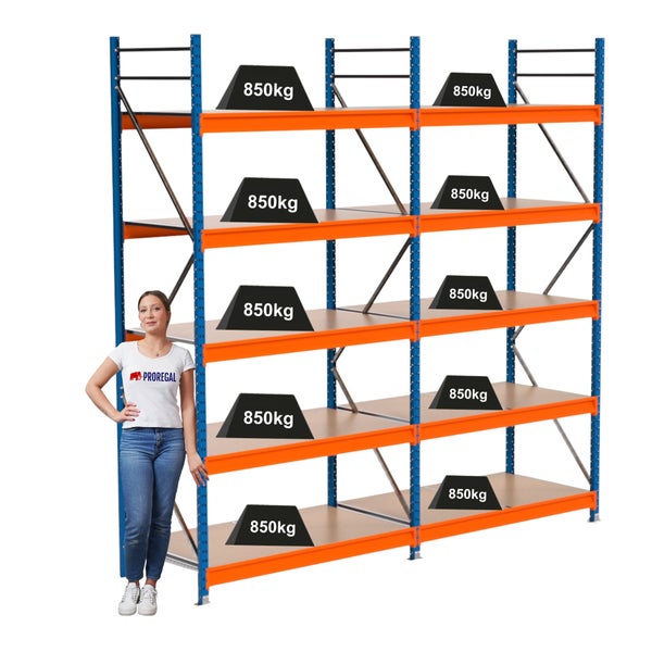 Lagerregal mit mehreren Ebenen und einer maximalen Traglast von 850 Kilogramm pro Ebene.