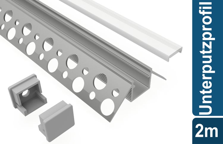 TIVENDIS Led Alu Profil 2 m UZ mit Zubehör für Strip / Streifen bis 10 mm breit | Abdeckung satiniert milchig  |  Einbau Unterputz Deckenleiste Deckenprofil Deckenleisten eloxiert