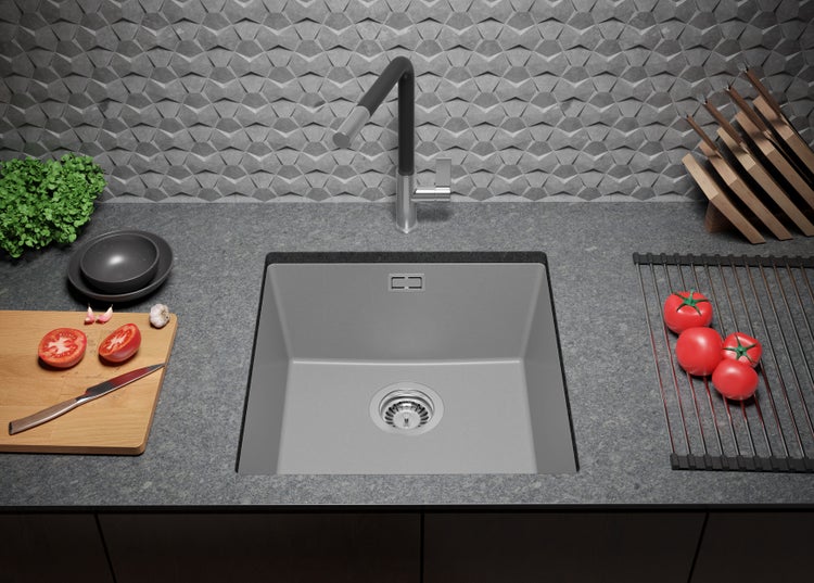 PRIMAGRAN Unterbauspüle Granit Grau 46x47cm, Spülbecken 1 Becken + Ablauf-Set, Granitspüle ab 50er Unterschrank - London