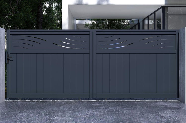 Doppelflügeltor mit horizontalen Zierfräsungen für den Aussenbereich
