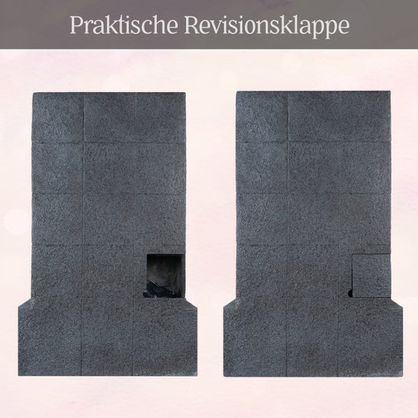 Praktische Revisionsklappe für Kaminelemente in Steinoptik, offen und geschlossen dargestellt.