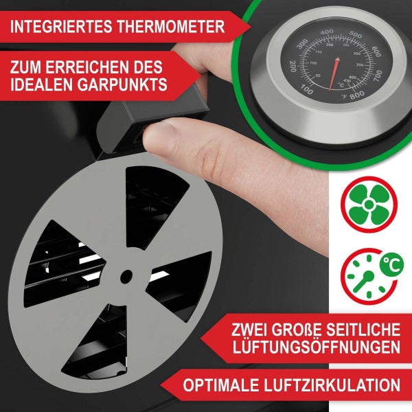 Grill mit integriertem Thermometer und verstellbaren seitlichen Belüftungsöffnungen für optimale Luftzirkulation und Temperaturkontrolle.