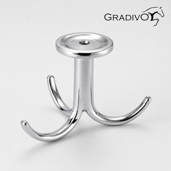 Dreifachhaken aus silberfarbenem glänzendem Metall für die Unterbaumontage und Gradivo Logo.