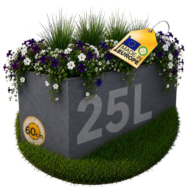 Pflanzkasten in Steinoptik mit Blumen und Gräsern bepflanzt, Fassungsvermögen 25 Liter, Länge 60 Zentimeter, hergestellt in Europa.
