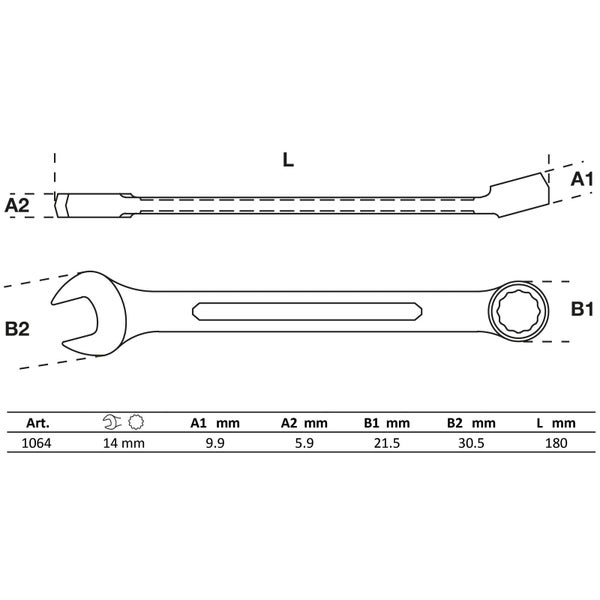 Technische Zeichnung eines 14 Millimeter Maulschlüssels mit Ringseite und zugehörigen Abmessungen