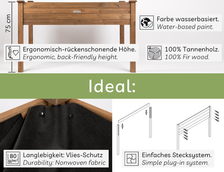 needs&wants® Großes Hochbeet aus Holz für Garten Balkon Terrasse, Pflanzkasten Bausatz XL rechteckig schmal mit Vlies-Folie, Kräuterbeet Pflanzenkasten deko, dunkel-braun