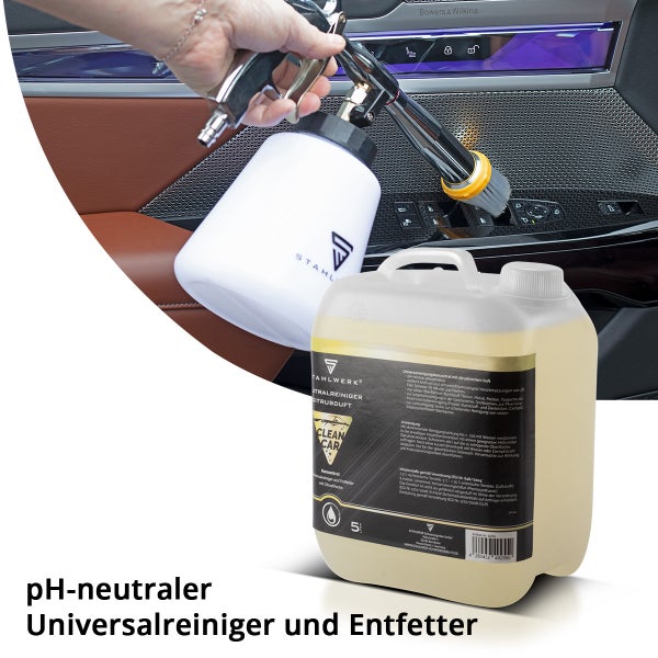Universalreiniger mit Sprühflasche und Reinigungsbürste für die Autoinnenraumreinigung.