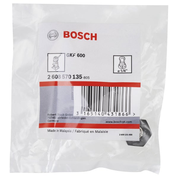 Bosch Logo. Verpackung für Bosch GKF 600 Nutfräser mit 6,35 Millimeter Durchmesser.