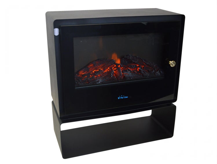 Nahaufnahme der Bedienelemente eines Elektrokamins mit Symbolen für Temperatur, Timer, Dimmfunktion, Flammeneffekt und Ein- beziehungsweise Ausschalter