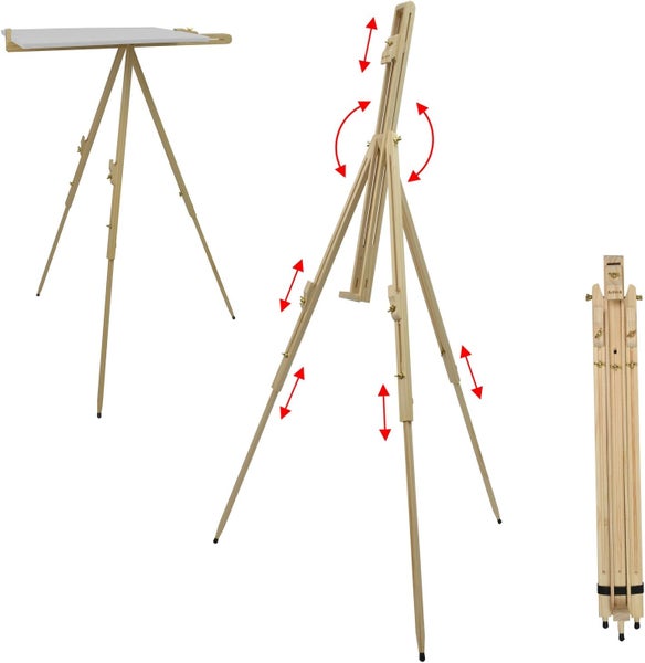 Dreibeinige Holzstaffelei mit verschiedenen Einstellmöglichkeiten und einer gefalteten Version