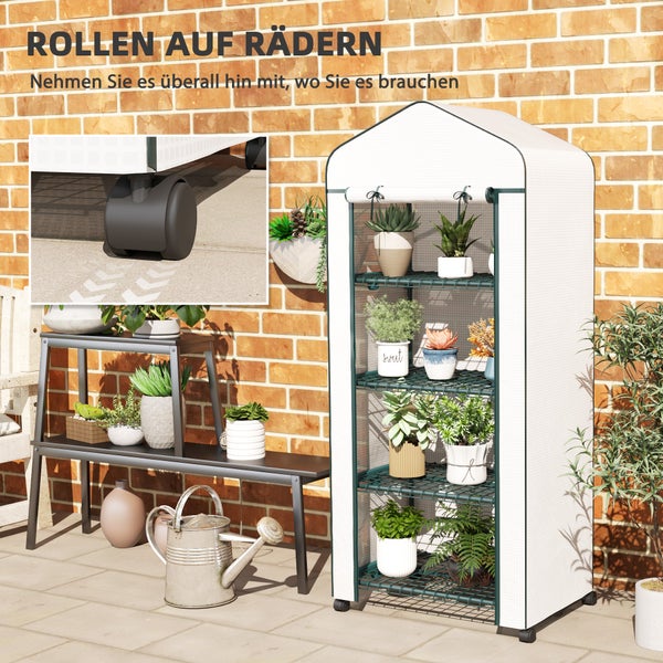 Outsunny Gewächshaus mit Rolle, Regale, winterfest Foliengewächshaus aus Stahl, Treibhaus für Balkon, Garten, Tomatenhaus 69 x 50 x 165 cm, Tomatengewächshaus für Tomaten, Blumen, Pflanzen Weiß