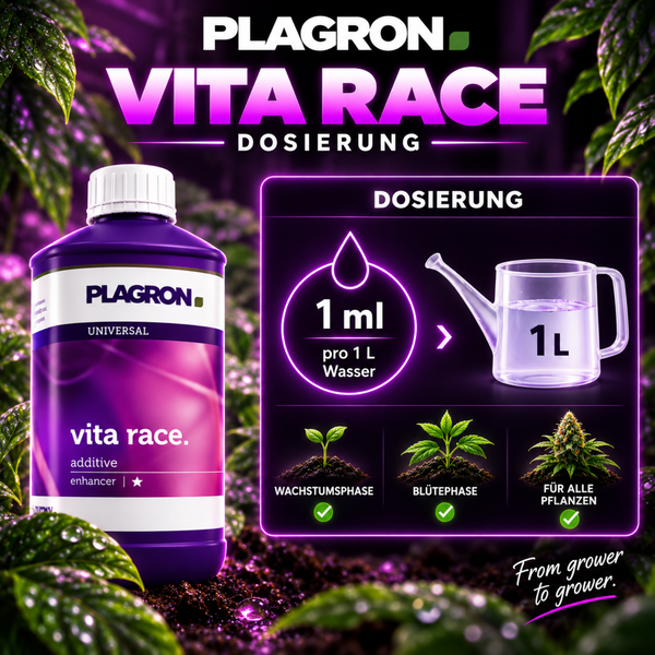Plagron Vita Race Pflanzendünger Flasche mit Dosierungsanleitung für Wachstum und Blütephase zur Anwendung mit einem Milliliter pro Liter Wasser.