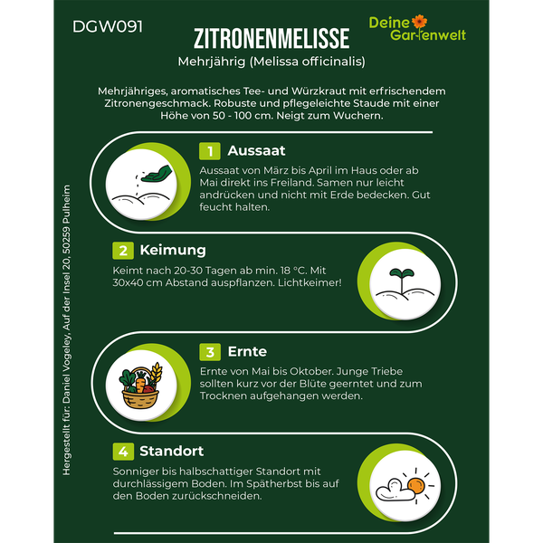 Infografik für Zitronenmelisse mit Angaben zu Aussaat, Keimung bei 18 Grad Celsius, Ernte und Standort. Deine Gartenwelt Logo.