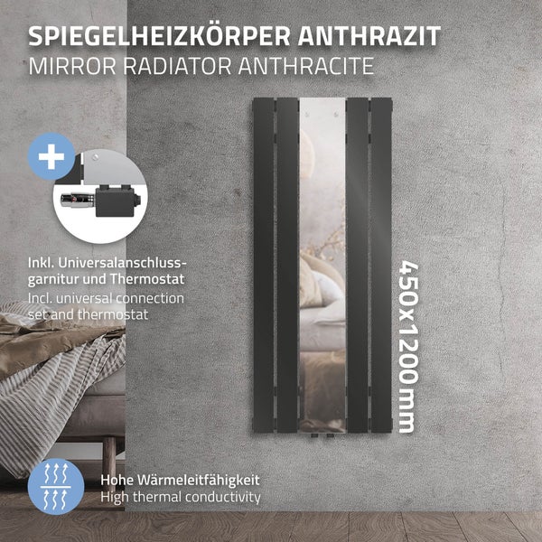 ML-Design Badheizkörper Flach Mittelanschluss 1200x450mm Anthrazit & Spiegel Anschlussarmatur Universal Eck- und Durchgangsform Multiblock Thermostat Paneelheizkörper Spiegelheizkörper Glasheizkörper