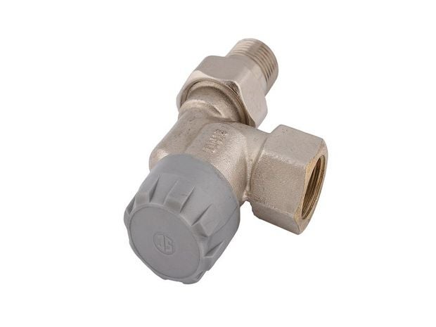 Heizkörper-Thermostatventil in Eckform aus Messing mit grauer Schutzkappe.