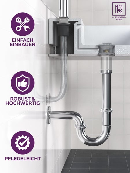 Waschtischablaufgarnitur mit den Symbolen: Einfache Installation, robust und hochwertig, pflegeleicht