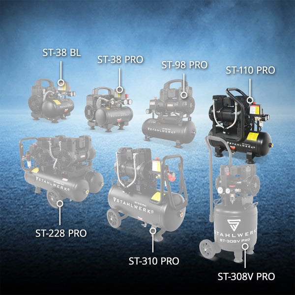 Stahlwerk Druckluftkompressoren Modelle ST-38 BL, ST-38 PRO, ST-98 PRO, ST-110 PRO, ST-228 PRO, ST-310 PRO und ST-308V PRO im Vergleich.