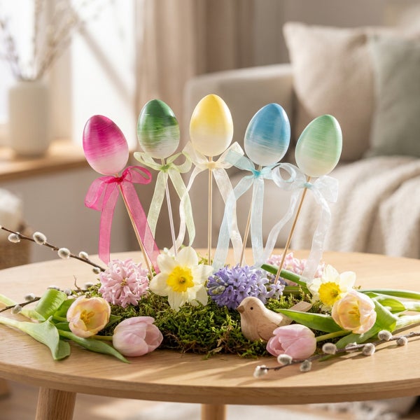 Ostergesteck mit dekorierten Eiern an Holzstäben, Frühlingsblumen wie Tulpen und Narzissen sowie einer kleinen Holzfigur auf einem Holztisch.